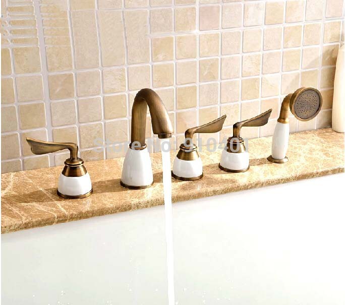 Wholesale And Retail Promotion Widespread Bathroom Tub Faucet 5 PCS Deck Mounted Sink Mixer Tap W/ Hand Shower