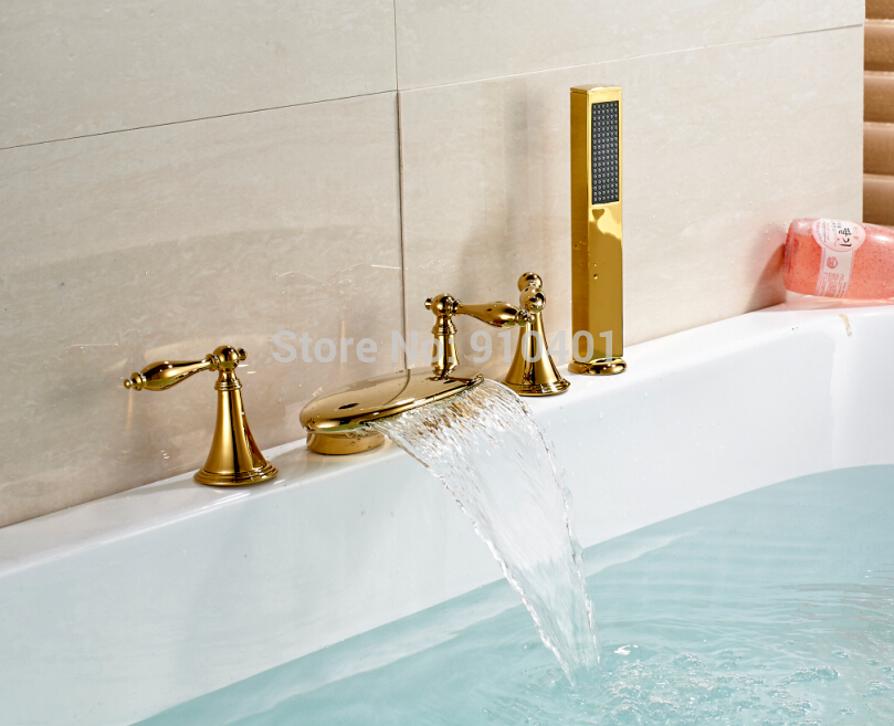 Wholesale And Retail Promotion Widespread Golden Brass Bathroom Tub Mixer Tap Waterfall Spout With Hand Shower