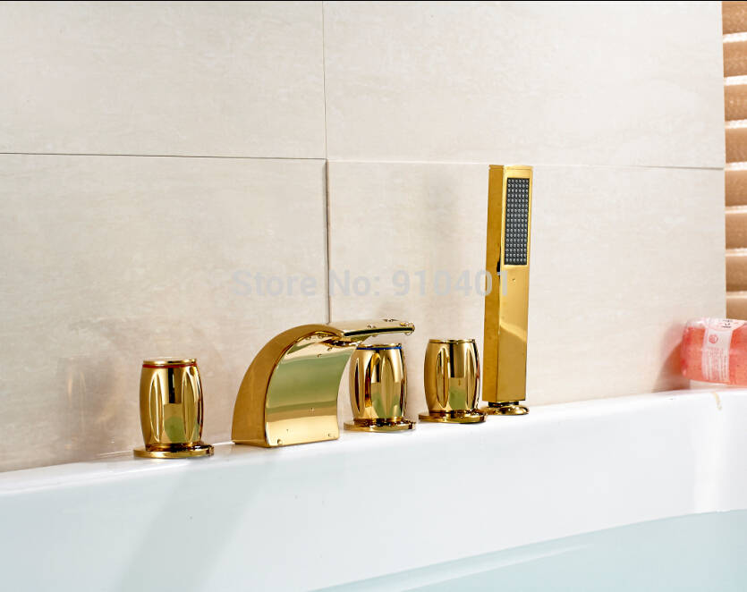 Wholesale And Retail Promotion Widespread Golden Brass Waterfall Bathroom Tub Faucet Cold Hot Water Mixer Tap