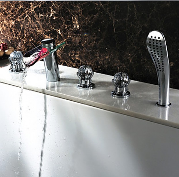 Wholesale And Retail Promotion Widespread LED Colors Deck Mounted Bathroom Tub Waterfall Faucet 5PCS Mixer Tap