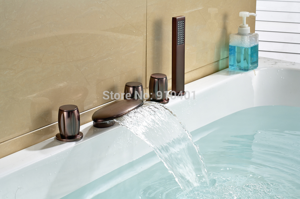 Wholesale And Retail Promotion Widespread Oil Rubbed Bronze Waterfall Bathroom Tub Faucet With Hand Shower Tap