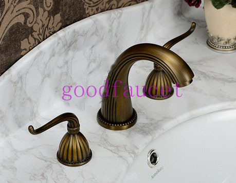 Euro Widespread Antique Brass Bathroom Faucet Curved Basin Mixer Tap Dual Handle Water Tap Hot And Cold Tap