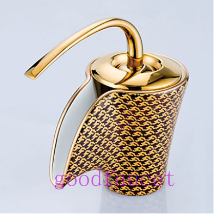 NEW Elegant Waterfall Bathroom Sink Faucet Vanity Mixer Tap With Ceramic Spout Golden Finish Single Brass Lever