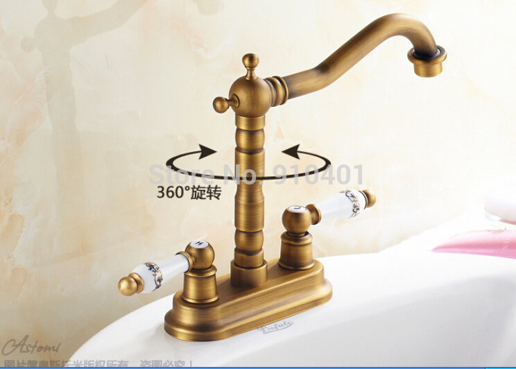 Wholesale And Retail Promotion Antique Brass Deck Mounted 4" Bathroom Basin Faucet Dual Ceramic Handles Mixer