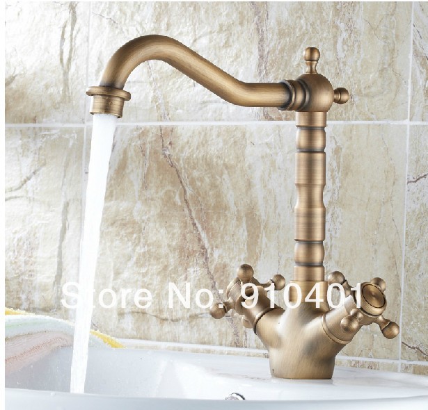 Wholesale And Retail Promotion Antique Brass Deck Mounted Bathroom Basin Faucet Dual Cross Handles Mixer Tap