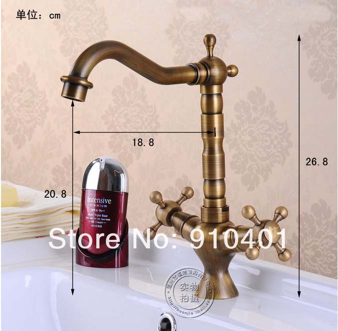 Wholesale And Retail Promotion Antique Brass Deck Mounted Bathroom Basin Faucet Dual Cross Handles Sink Mixer