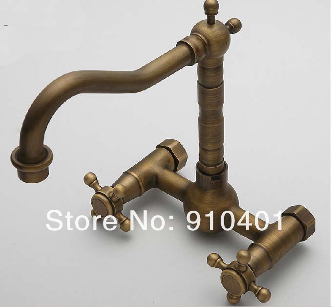 Wholesale And Retail Promotion Antique Brass Wall Mounted Bathroom Kitchen Faucet Spout Sink Mixer Tap 2 Handle