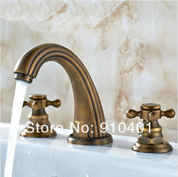Wholesale And Retail Promotion Deck Mount Antique Brass Bathroom Basin Faucet Dual Handles 3PCS Sink Mixer Tap