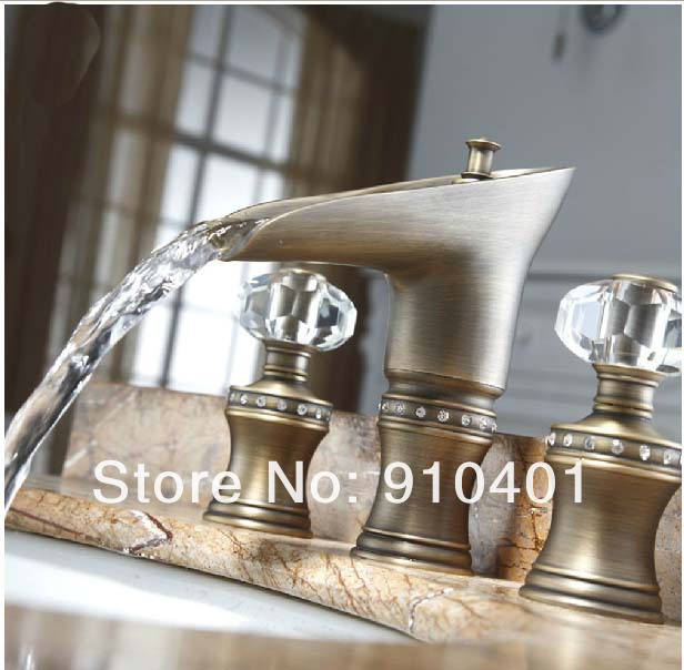 Wholesale And Retail Promotion Deck Mounted Antique Brass Waterfall Bathroom Faucet Dual Handles Sink Mixer Tap