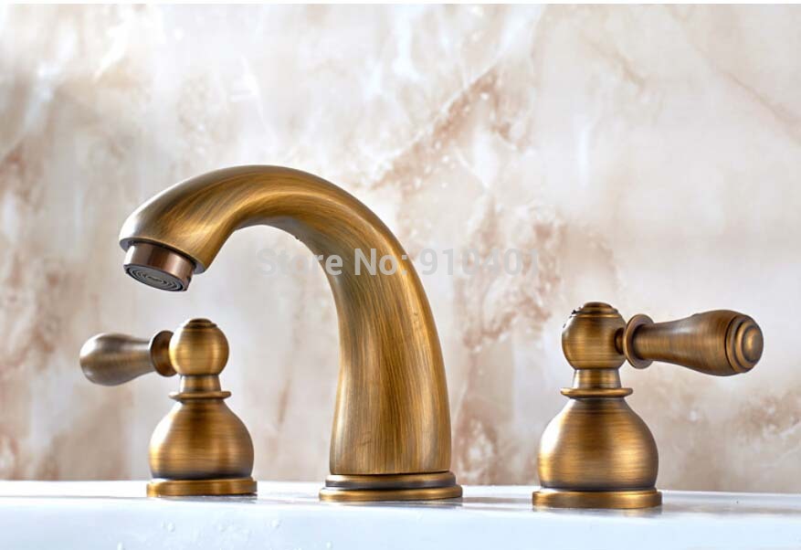 Wholesale And Retail Promotion Luxury Antique Brass Widespread Bathroom Basin Faucet 8