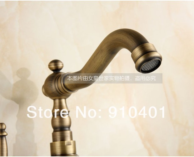 Wholesale And Retail Promotion  NEW Deck Mounted Antique Brass Bathroom Basin Faucet Swivel Spout Sink Mixer Tap