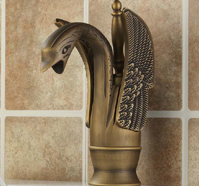 Wholesale And Retail Promotion NEW Deck Mounted Antique Brass Bathroom Swan Faucet Single Handle Sink Mixer Tap