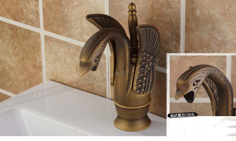 Wholesale And Retail Promotion NEW Deck Mounted Antique Brass Bathroom Swan Faucet Single Handle Sink Mixer Tap