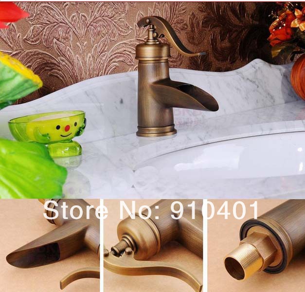 Wholesale And Retail Promotion NEW Deck Mounted Antique Brass Waterfall Faucet Bathroom Vanity Sink Mixer Tap