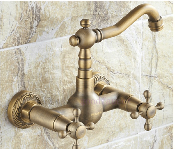 Wholesale And Retain Promotion New Antique Brass Wall Mounted Mixer Tap Bathroom Dual Handles Sink Faucet