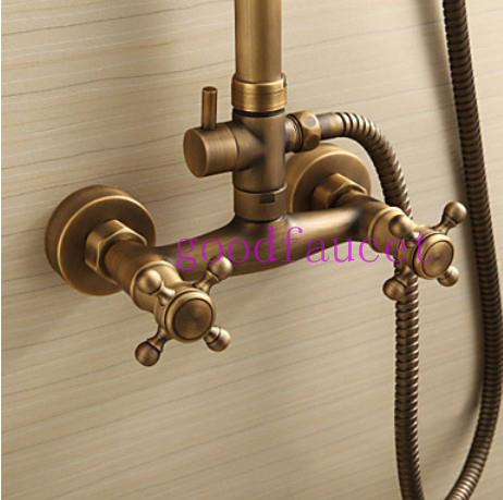 NEW Antique Brass Bathroom Rain Shower Set Mixer Tap 8" Shower Head +Handheld Shower Double Handles Faucet Set