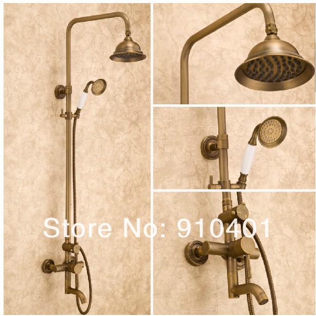 Wholdsale And Retail Promotion Antique Brass Wall Mounted 8" Round Rain Shower Faucet Set Bathtub Mixer Tap