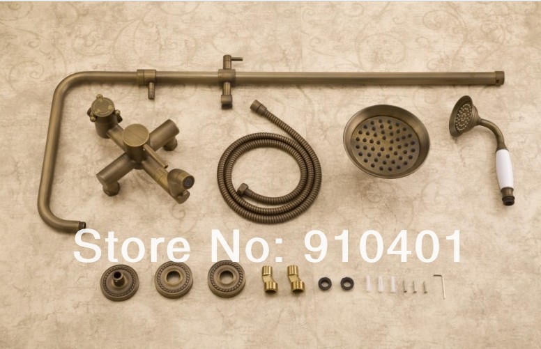 Wholdsale And Retail Promotion Antique Brass Wall Mounted 8" Round Rain Shower Faucet Set Bathtub Mixer Tap