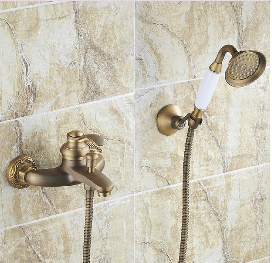 Wholesale And Retail  Promotion Wall Mounted Bath Antique Brass Tub Faucet Shower Mixer Tap Set Ceramic Handle
