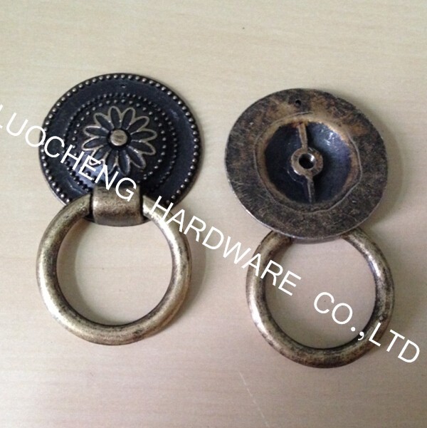 50PCS/LOT 35mm ROUND ANTIQUE STYLE RING HANDLE CABINET ZINC ALLOY HANDLE WITH ANTIQUE BRASS FINISH