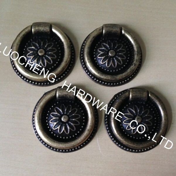 50PCS/LOT 35mm ROUND ANTIQUE STYLE RING HANDLE CABINET ZINC ALLOY HANDLE WITH ANTIQUE BRASS FINISH