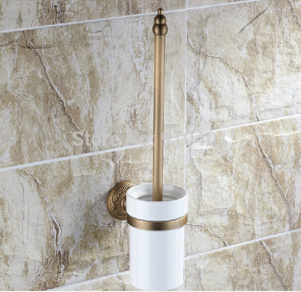 Wholesale And Retail Promotion Bathroom Accessories Antique Brass Embossed Toliet Brush Holder W/ Ceramic Cup