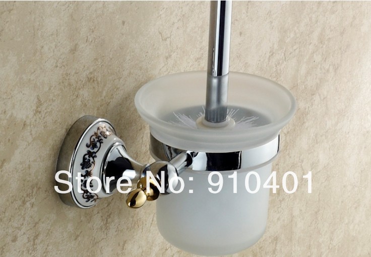 Wholesale And Retail Promotion Bathroom Wall Mounted Toilet Brush Holder Flower Ceramic Cup With Brush Chrome