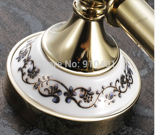Wholesale And Retail Promotion Blue And White Porcelain Golden Brass Wall Mounted Tooth Brush Holder Dual Cups