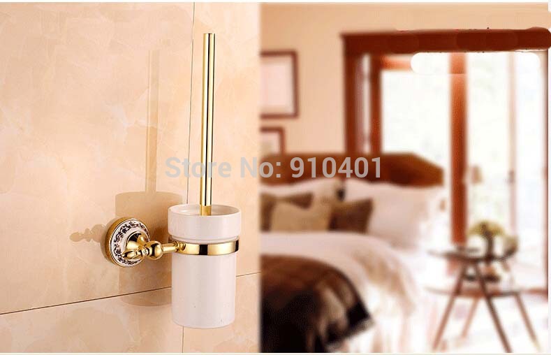 Wholesale And Retail Promotion Blue And White Porcelain Golden Wall Mounted Toilet Brush Holder W/ Ceramic Cup