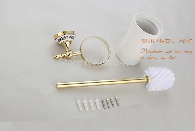 Wholesale And Retail Promotion Blue And White Porcelain Golden Wall Mounted Toilet Brush Holder W/ Ceramic Cup