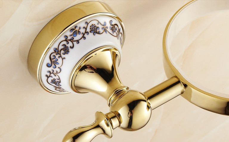 Wholesale And Retail Promotion Luxury Golden Brass Wall Mounted Bathroom Toilet Brushed Holder W/ Ceramic Cup