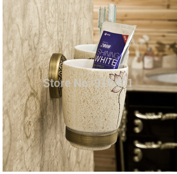 Wholesale And Retail Promotion Modern Antique Brass Bathroom Tooth Brush Holder With Flower Dual Ceramic Cup