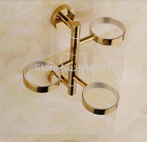Wholesale And Retail Promotion Modern Golden Brass Toothbrush Holder Wall Mounted 3 Ceramic Cup Swivel Holders
