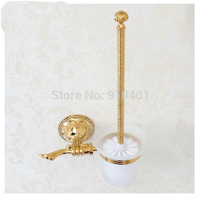 Wholesale And Retail Promotion Modern Luxury Bathroom Embossed Golden Brass Toilet Brush Holder + Cup + Brush