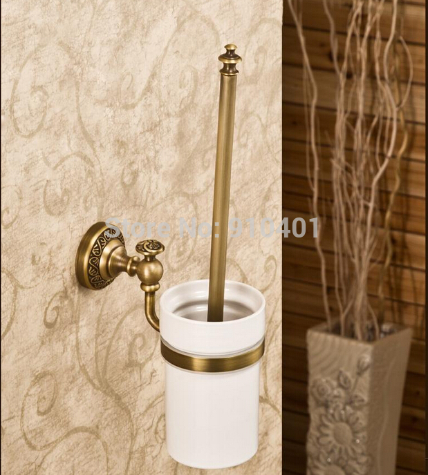 Wholesale And Retail Promotion NEW Bathroom Antique Brass Flower Carved Toliet Brushed Holder Ceramic Cup Brush