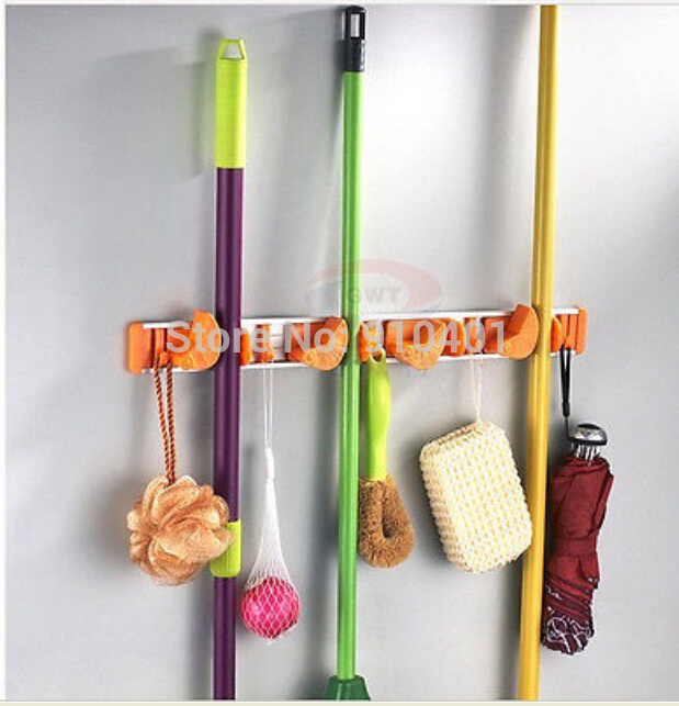Wholesale And Retail Promotion Orange Aluminum 4 Position Bathroom Mop Broom Holder Home Cleaning Tools 5 Hooks
