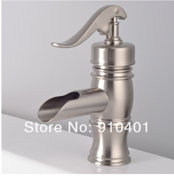 Wholesale And Retail Promotion  Deck Mounted Brushed Nickel Bathroom Basin Faucet Waterfall Spout Sink Mixer Tap