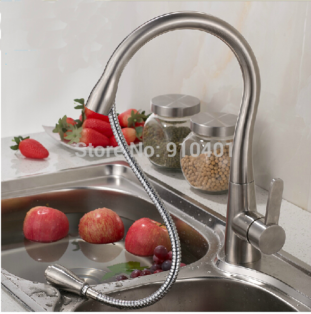 Wholesale And Retail Promotion NEW Brushed Nickel Kitchen Faucet Pull Out Vessel Sink Mixer Tap Single Handle