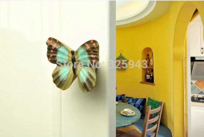 Free Shipping Butterfly Resin Hand Painting Colorful Cartoon Handles & Knobs Children Furniture Cabinet Drawer Wardrobe Pulls
