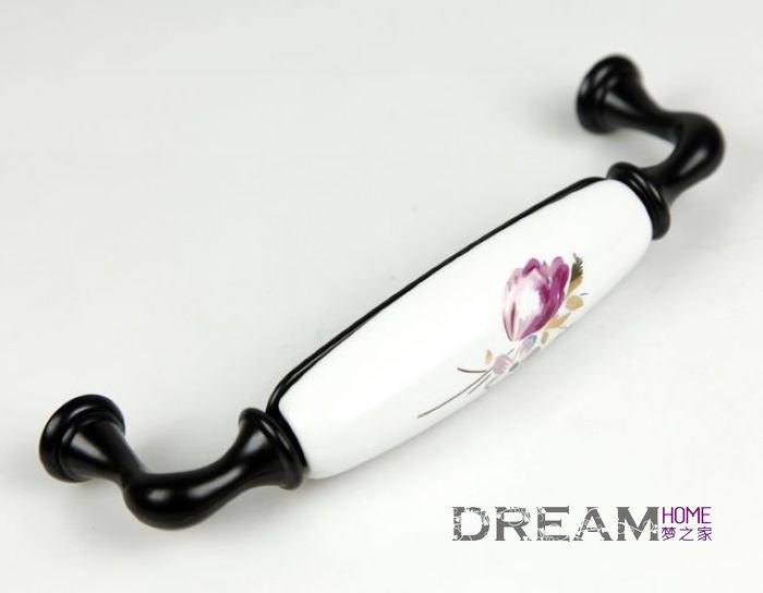 128mm Black + Tulip flower Ceramic cabinet handle / cabinet pull AG99BK C:128mm L: 145mm