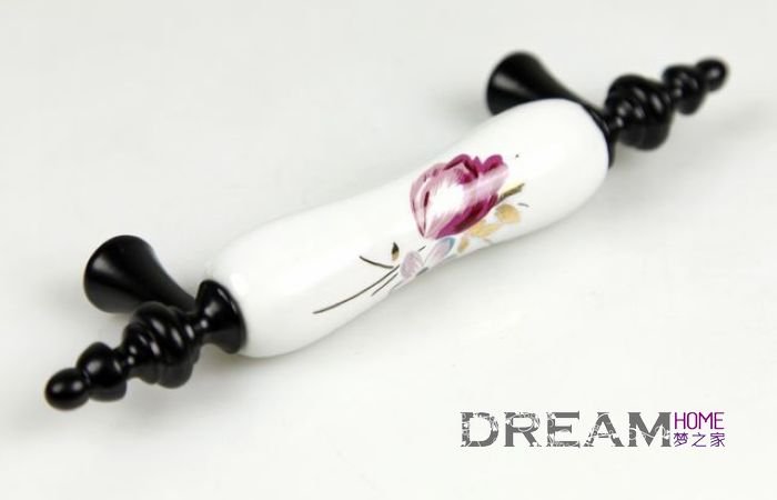 76mm Tulip flower  BLACK ZINC ALLOY Ceramic Cabinet Pull, DRAWER handle/ wardrobe handle C:76mm L: 125mm  AD09BK