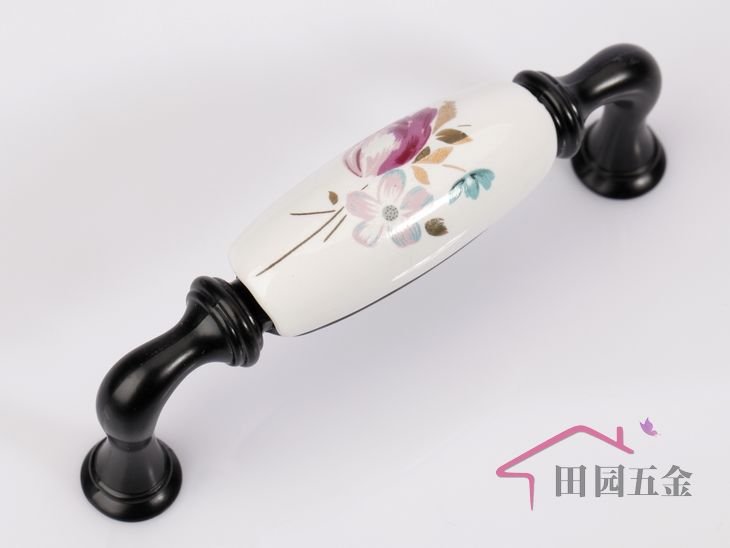 96mm Black + Tulip flower Ceramic cabinet handle / cabinet pull AG99BK C:96mm L:110mm