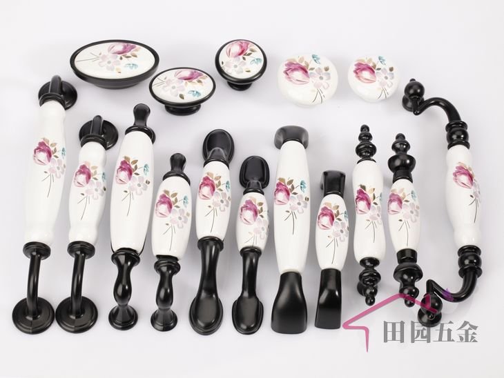 96mm Black + Tulip flower Ceramic cabinet handle / cabinet pull AG99BK C:96mm L:110mm