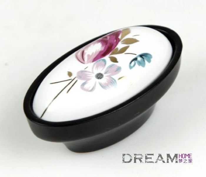 Black Tulip flower Ceramic cabinet knob / Drawer knob and pull/ furniture knob and PULL