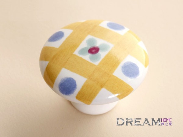 Modern Romatic Yellow plaid Round ceramic furniture handle High grade shoes cabinet knob Simple Fashion pulls for children room