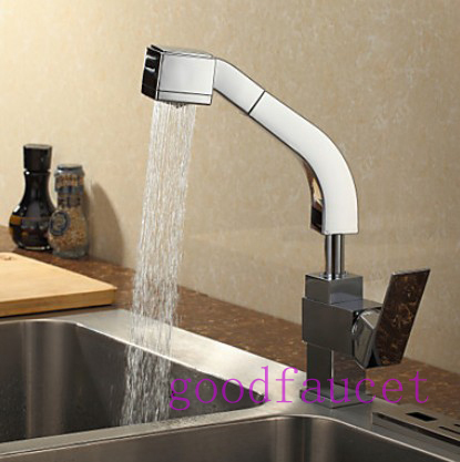 !Chrome Brass Pull Out Kitchen Faucet Dual Spout Single Handle Vessel Mixer Hot & Cold Water Tap Adjustable Height