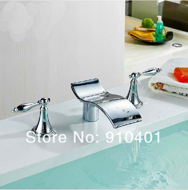 NEW Wholesale and retail Promotion Deck Mounted Widespread Bathroom Waterfall Basin Faucet Dual Handles Mixer Tap