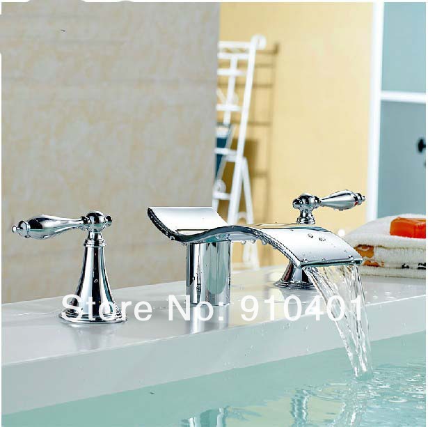 NEW Wholesale and retail Promotion Deck Mounted Widespread Bathroom Waterfall Basin Faucet Dual Handles Mixer Tap