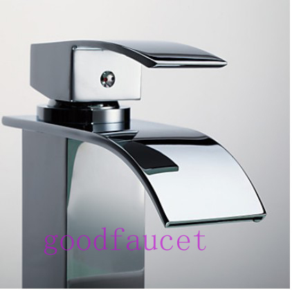 Waterfall Spout Bathroom Faucet Chrome Finish  Solid Brass Basin Sink Mixer Cold and Hot Water Tap Tall Style