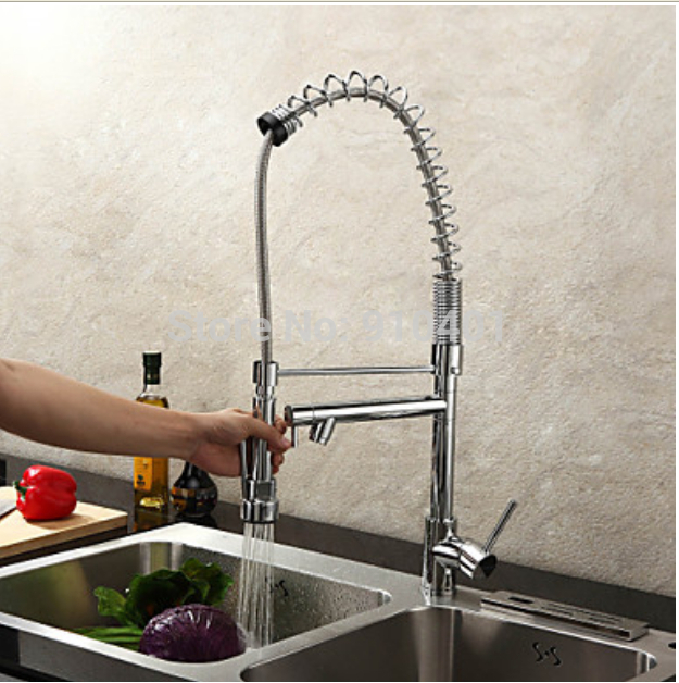 Wholesale And Retail Promotion Chrome Brass Pull Out Spring Kitchen Faucet Swivel Spout Vessel Sink Mixer Tap